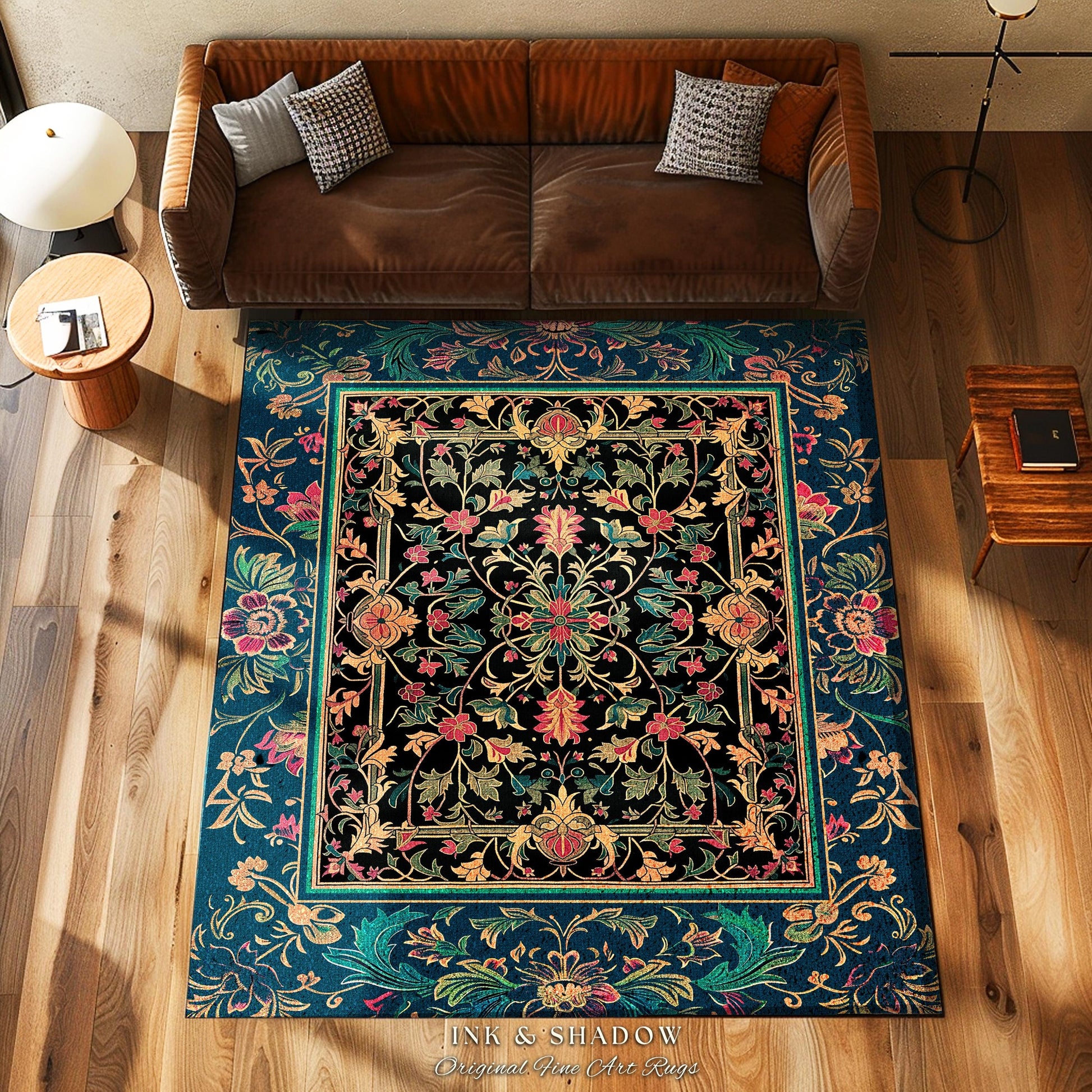 Dark Academia Busy Botanical Rug | Folklore Aesthetic Floral Renaissance Antique Ethereal Maximalist Decor Baroque Pattern Moody Accent Rug