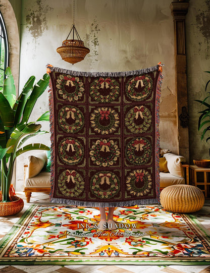 Ornate Baroque Burgundy Berry Wreath Tapestry Throw Antique Inspired Home Decor | Elegant Festive Cozy Dark Academia Blanket Christmas Gift