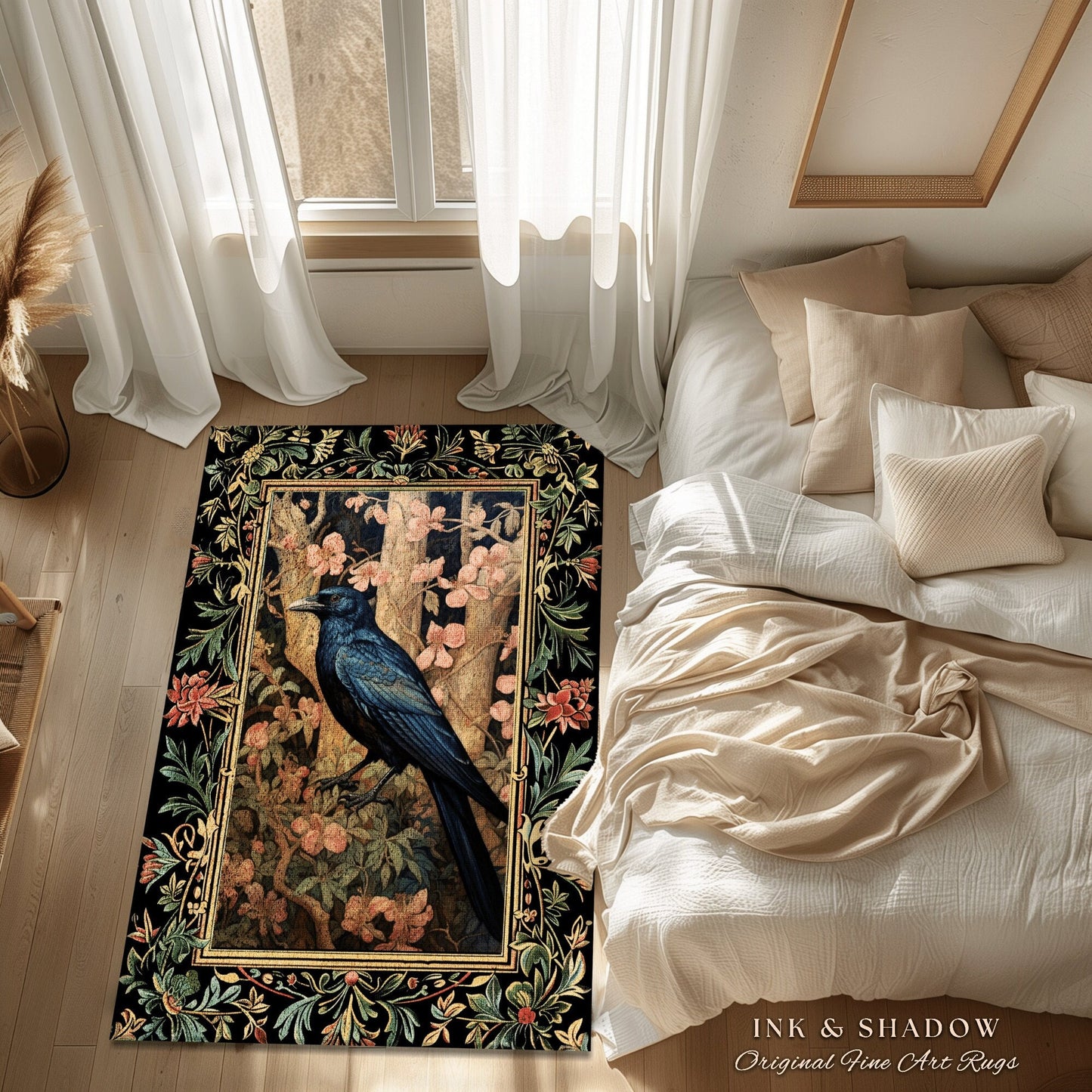 Woodland Gothic Floral Raven Room Decor William Morris Inspired Crowcore Area Rug Cottagecore Aesthetic Dark Fairycore Bedroom Boho Crow Rug