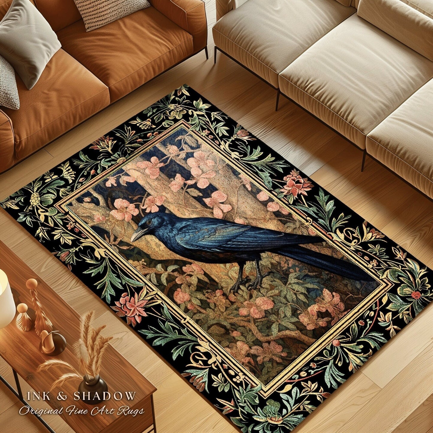 Woodland Gothic Floral Raven Room Decor William Morris Inspired Crowcore Area Rug Cottagecore Aesthetic Dark Fairycore Bedroom Boho Crow Rug