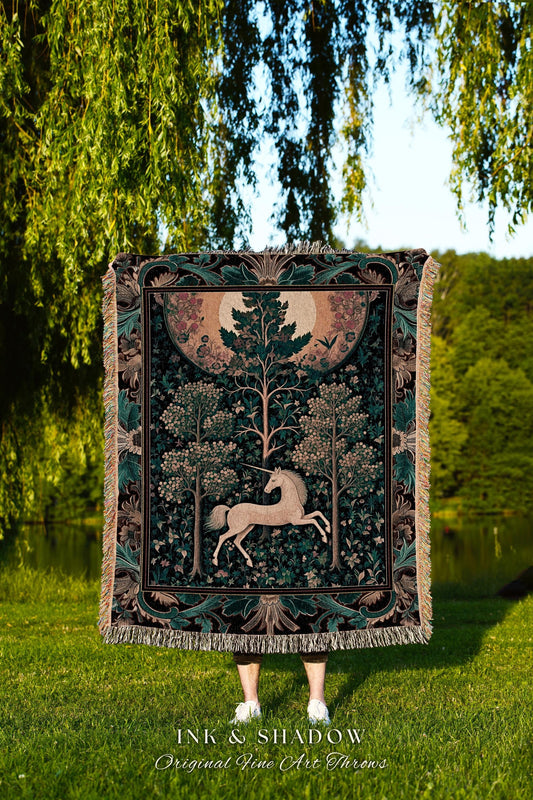 Moonlit Forest Mystical Unicorn Tapestry Blanket Medieval Fairycore Decor | Renaissance Whimsical Gothic Aesthetic Woven Throw Forestcore