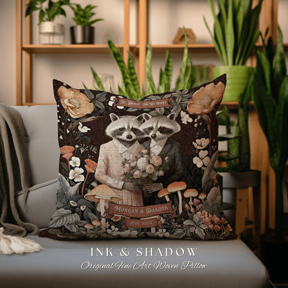 Woodland Raccoon Throw Pillow Custom | Rustic Decor Custom Dating Anniversary Meaningful Gift Housewarming Pillow Cottagecore Raccoon Couple