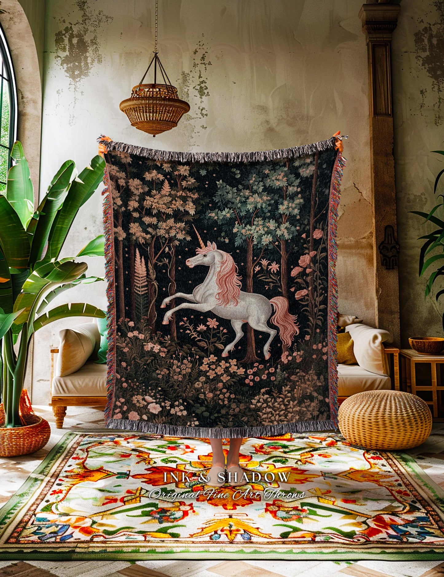 Whimsical Floral Unicorn Blanket Woodland Magical Folklore Aesthetic | Mythical Creatures Enchanted Forest Dark Cottagecore Tapestry Throw