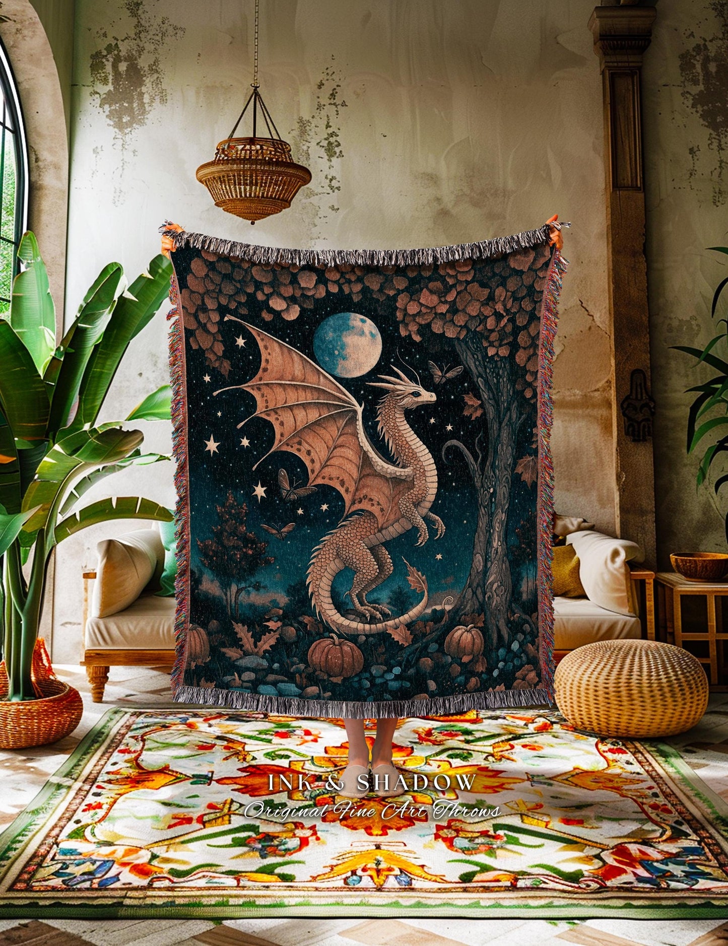 Whimsigothic Harvest Moon Magical Dragon Blanket Fairytale Nocturnal Decor | Enchanted Autumn Night Celestial Fantasy Art Tapestry Throw