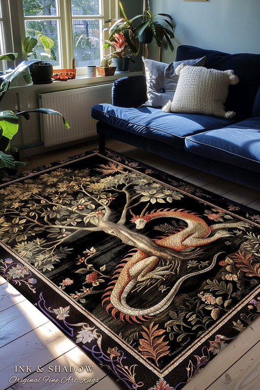 Goblincore Dragon Accent Rug | Medieval Fairytale Inspired Nursery Decor Morris Style Cottagecore Fairycore Gothic Dark Academia Bedroom |