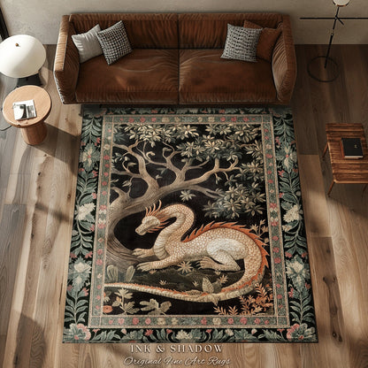 Dragon Lover Bedroom Rug | Medieval Folklore Room Decor Fairytale Inspired DnD Gift Dark Cottagecore Fairycore Mystical Game Room Accent Rug