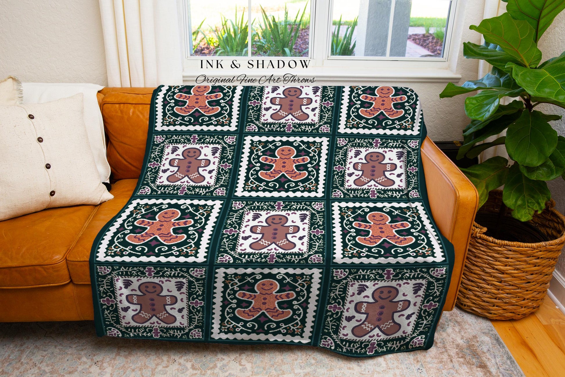 Rustic Bohemian Gingerbread Blanket Farmhouse Cottagecore Holiday Decor | Vintage Patchwork Cozy Christmas Tapestry Throw Festive Folk Art