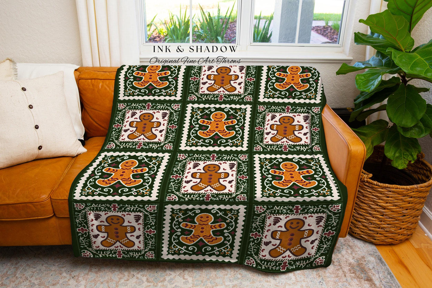 Rustic Farmhouse Patchwork Gingerbread Festive Folk Art Tapestry Blanket | Vintage Forest Green Checker Throw Cozy Christmas Cottage Gift