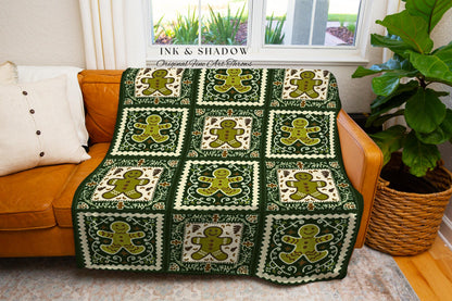 Vintage Folklore Aesthetic Gingerbread Throw Festive Farmhouse Olive & Forest Green Checkered Blanket Cozy Christmas Boho Cottagecore Decor