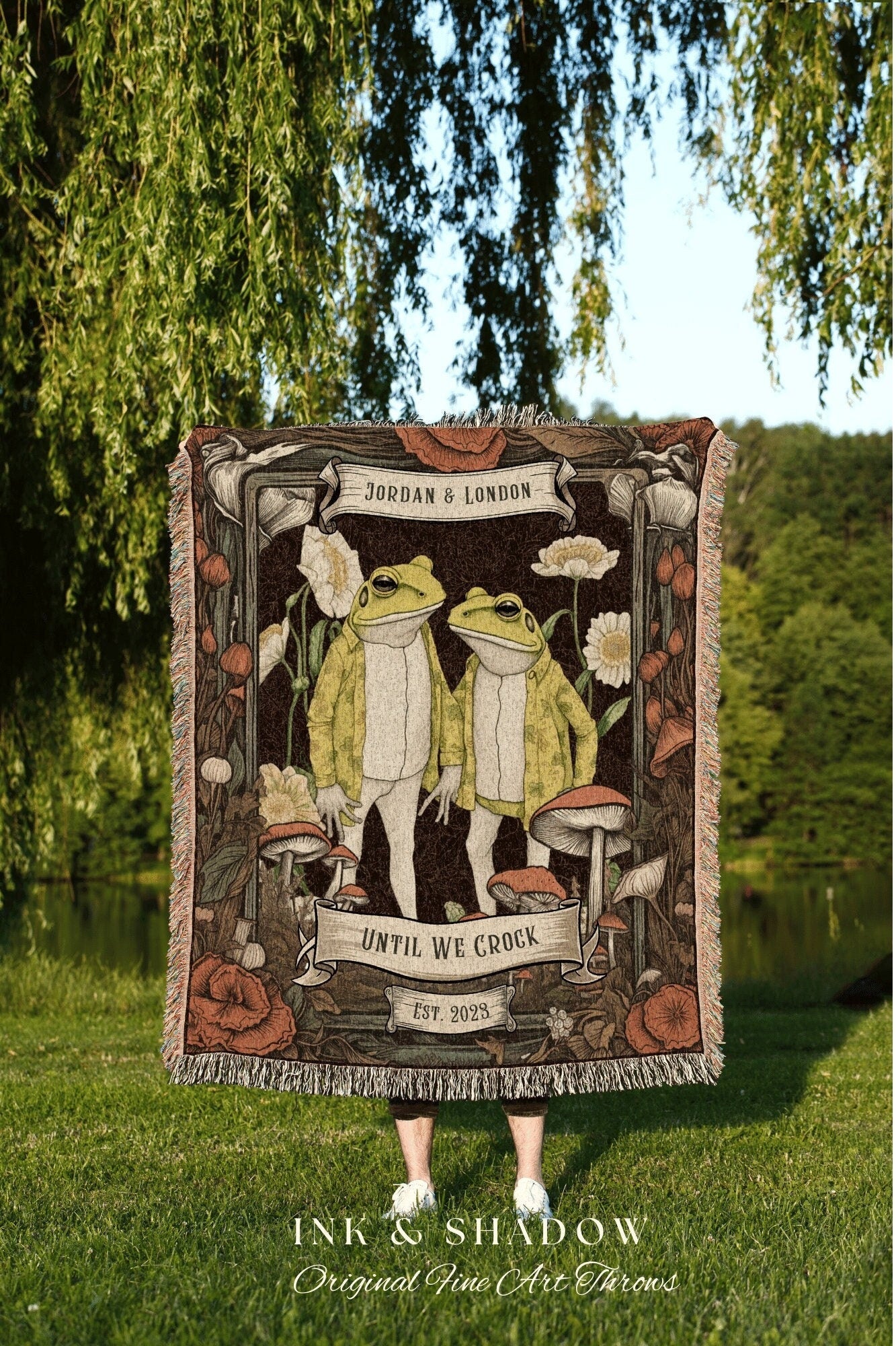 Indie Frog Couples Throw | Custom Anniversary Gift Tapestry Woven Throw Vintage Frog & Toad Goblincore Blanket Custom Wedding Gift Unique |