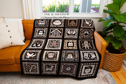 Victorian Noir Winter Holiday Decor Dark Academia Christmas Checker Tapestry Blanket | Antique Gothic Art Cottagecore Chocolate Brown Throw