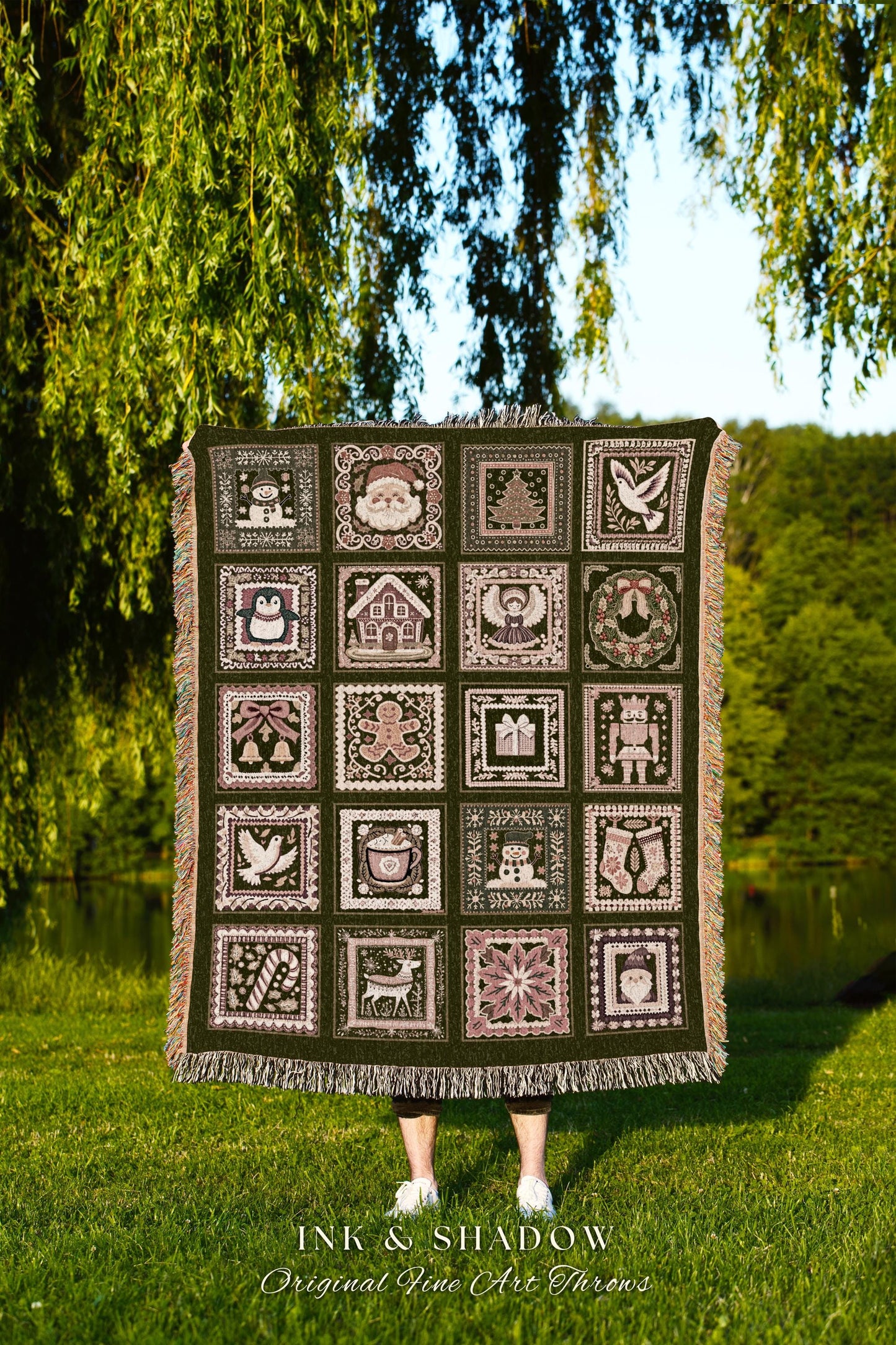 Christmas Folk Art Hygge Cottage Blanket Scandinavian Patchwork Pink & Sage Green Nordic Style Holiday Tapestry Throw Cozy Cottagecore Decor