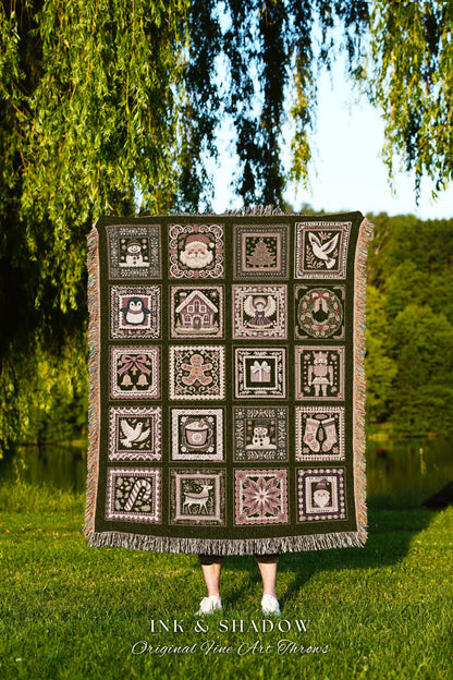 Christmas Folk Art Hygge Cottage Blanket Scandinavian Patchwork Pink & Sage Green Nordic Style Holiday Tapestry Throw Cozy Cottagecore Decor