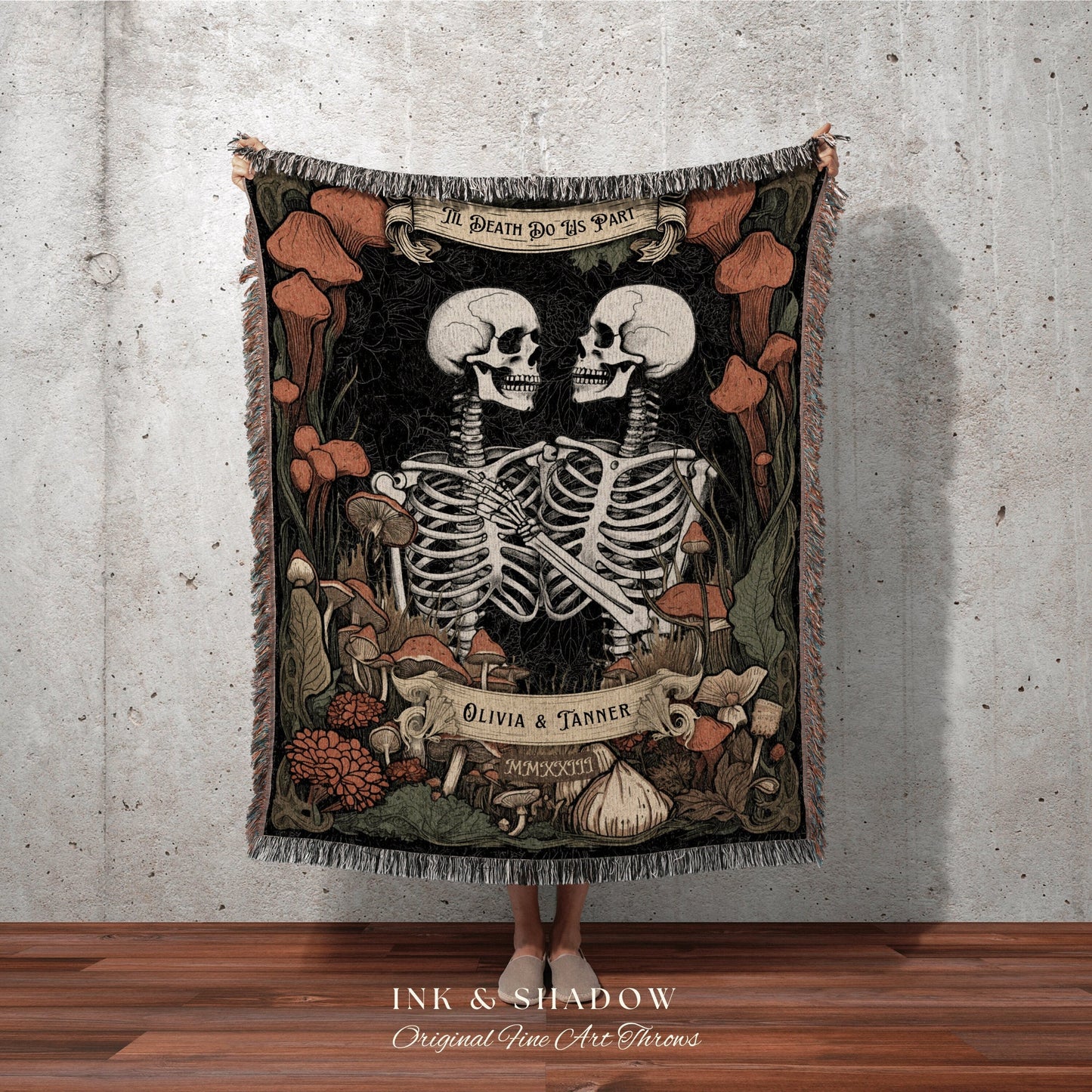 Woodland Gothic Blanket Custom Anniversary Gift | Halloween Wedding Skeleton Couple Tapestry Throw Personalized Mr & Mrs Anniversary Blanket