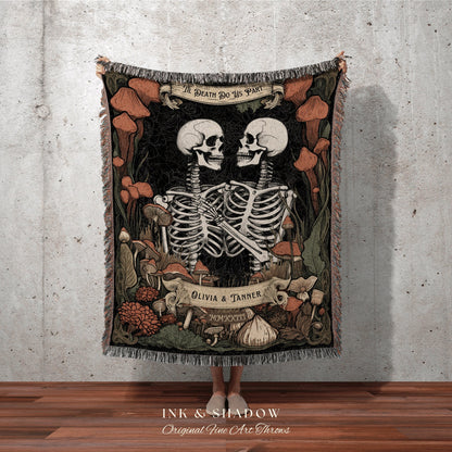 Woodland Gothic Blanket Custom Anniversary Gift | Halloween Wedding Skeleton Couple Tapestry Throw Personalized Mr & Mrs Anniversary Blanket