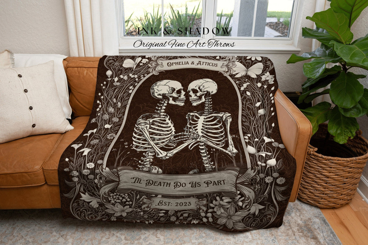 Victorian Gothic Skeleton Couple | Personalized Wedding Anniversary Blanket Spooky Gift for Goths Custom Ghost Gift Mr & Mrs Anniversary |