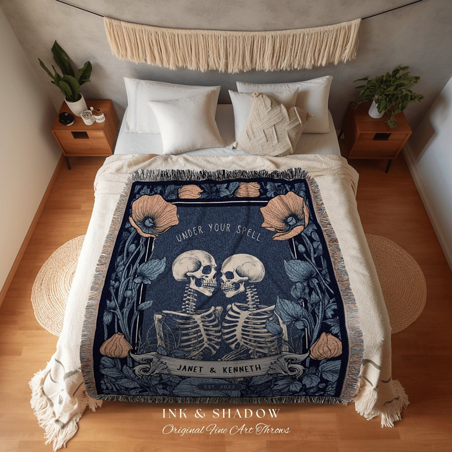 Custom Skeleton Couple Gift 'Under Your Spell' Personalized Tapestry | Gothic Wedding Custom Blanket Woven | Halloween Wedding Gift Custom