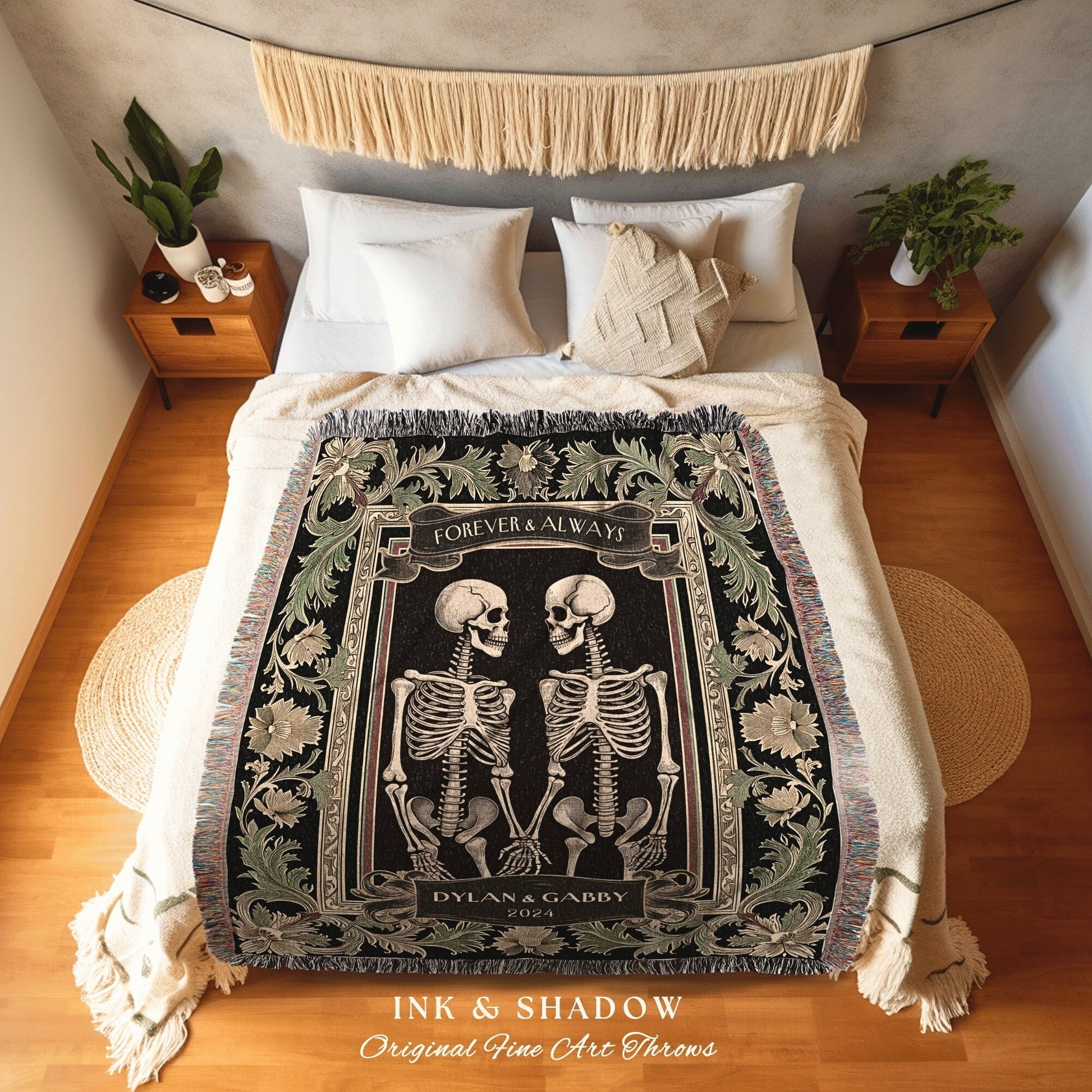 Cozy Anniversary Woven Cotton Blanket Personalized Skeleton Lovers | Custom Whimsigothic Tapestry Wedding Throw Blanket Meaningful Gifts