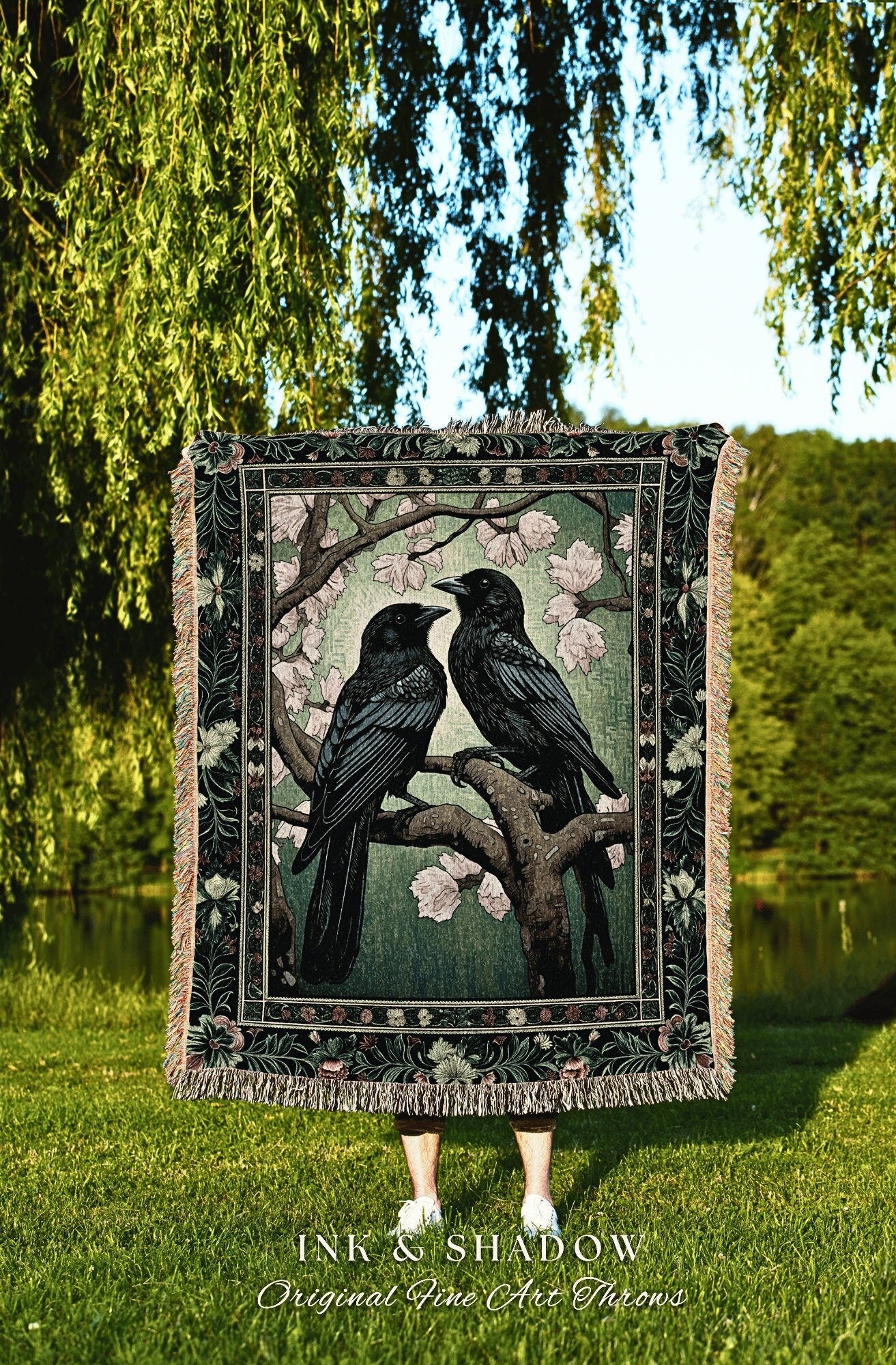 Gothic Black Raven Blanket Crow Woodland Fairycore Aesthetic Bird Art Tapestry Woven Throw Dark Cottagecore Floral Crowcore Whimsigoth Gift