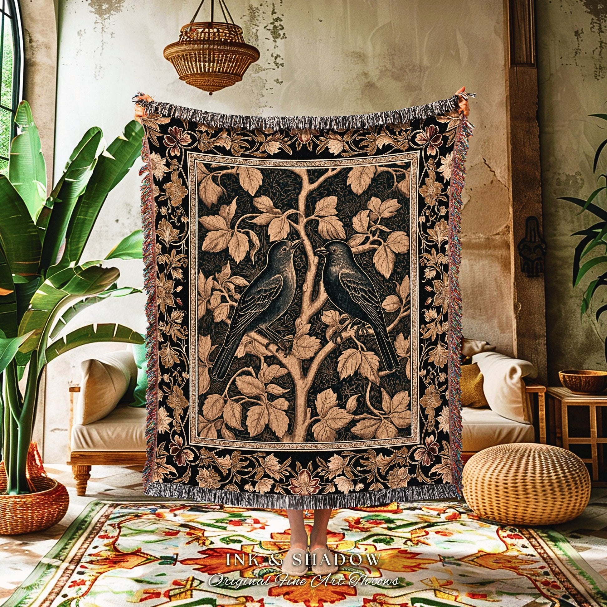 Vintage Fall Aesthetic Bird Blanket Dark Academia Tapestry Whimsigoth Dark Cottagecore Woven Raven Art Crowcore Floral Victorian Goth Decor