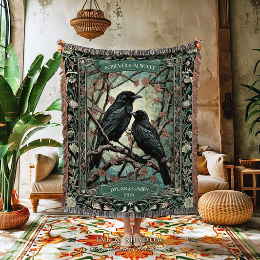 Personalized 'Forever & Always' Woven Blanket | Crow Core Couple Aesthetic Woven Throw Custom Dating Gift Gothic Raven Tapestry Witchy |