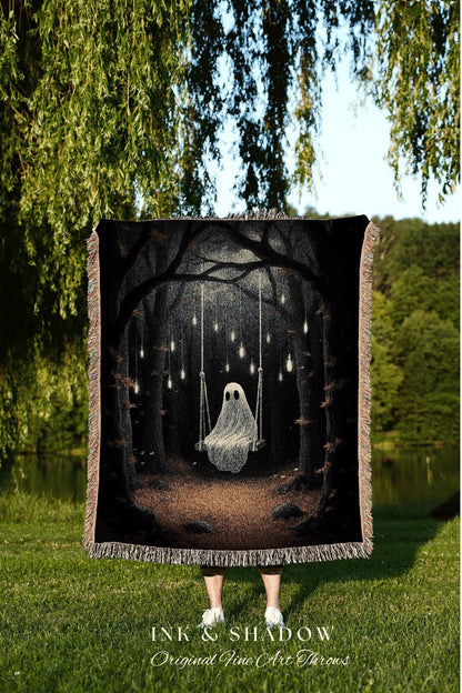 Forest Ghost Tapestry Blanket | Fall Aesthetic Vintage Ghost Art Woven Tapestry Halloween Decor Dark Academia Wall Art Ghost Blanket Woven