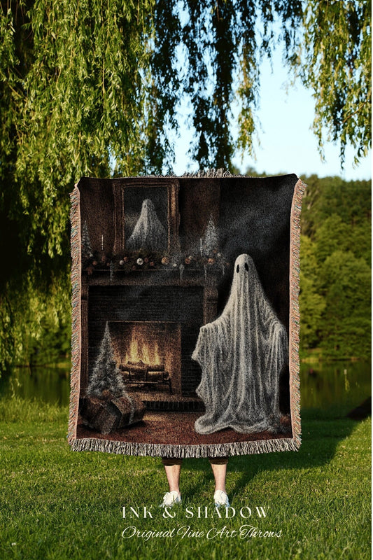 Cozy Fireplace Ghost Blanket Goth Christmas Blanket Woven Tapestry | Throw Blanket Winter Holiday Home Decor Christmas Spooky Cute Ghost Art