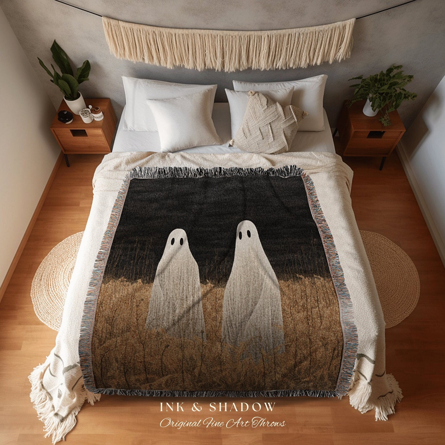 Spooky Ghost Friends Halloween Decor Vintage Tapestry Woven Blanket Ghost Friends | Dark Cottagecore Decor Gothic Dorm Room Tapestry Blanket