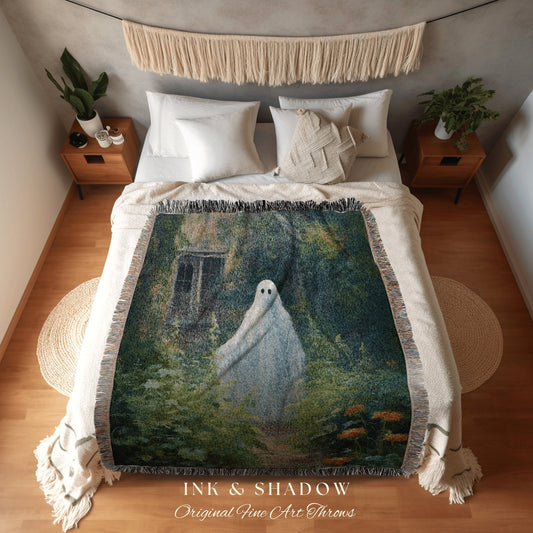 Whimsigoth Garden Ghost Halloween Art Blanket Woven | Fall Aesthetic Vintage Ghost Art Woven Tapestry Halloween Decor Dark Academia Blanket