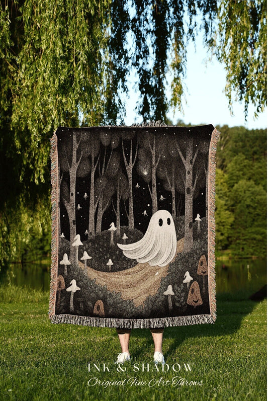 Woodland Mushroom Blanket Woven | Dark Cottagecore Room Decor Whimsical Wall Art Woodland Ghost Painting Mushroom Wall Art Whimsigoth Decor