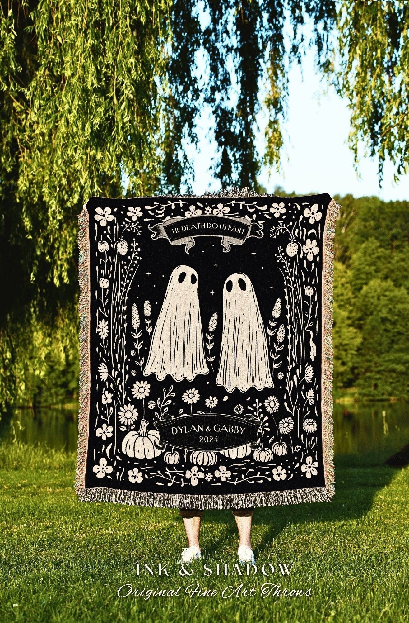 Spooky Ghost Couple Anniversary Blanket | Personalized Gothic Wedding Blanket Woven Ghost Gifts His & Hers Anniversary Gift for Wife Custom