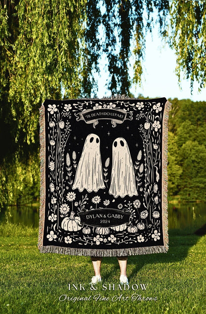 Spooky Ghost Couple Anniversary Blanket | Personalized Gothic Wedding Blanket Woven Ghost Gifts His & Hers Anniversary Gift for Wife Custom