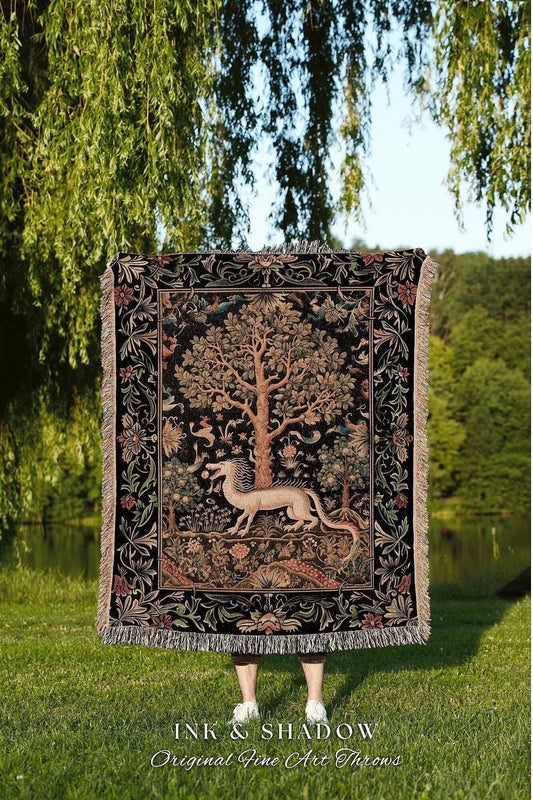 Folk Art Dragon Woven Throw Blanket | Mystical Home Decor Tapestry Fairycore Aesthetic Maximalist Gift for Goths Woodland Cottagecore Dragon