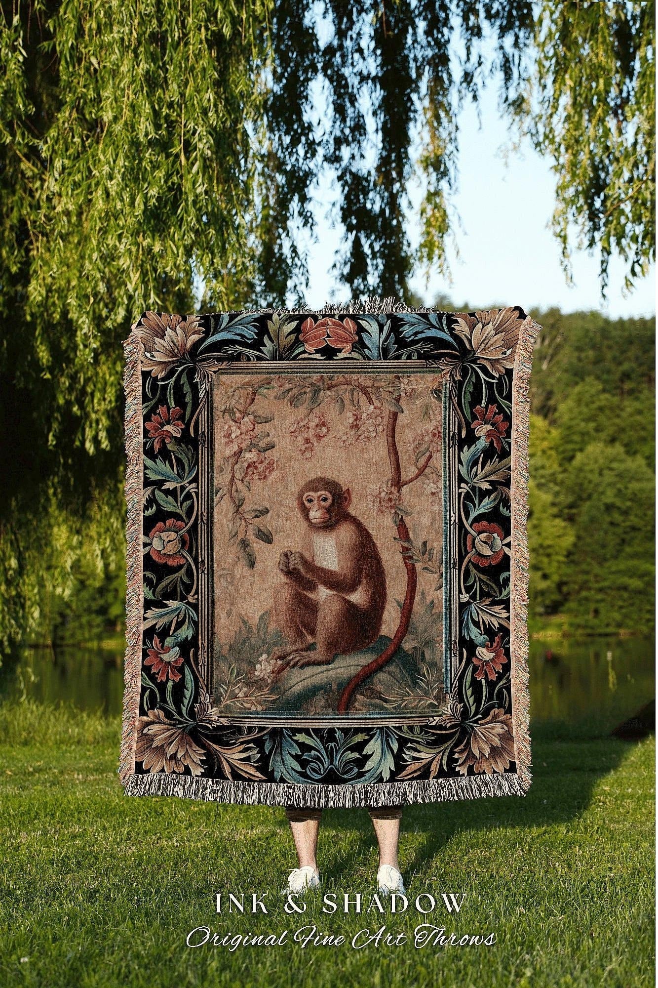 Victorian Gothic Woven Throw Blanket | Woodland Tapestry Decor William Morris Monkey Vintage Cottagecore Aesthetic Dark Fairycore Woven Art