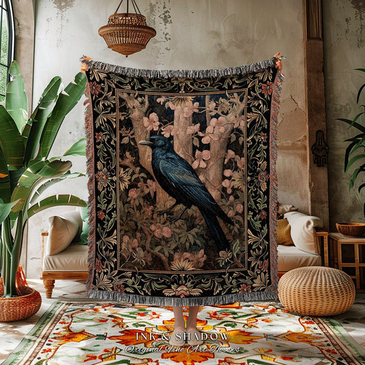 Crowcore Woven Wall Tapestry | Woodland Gothic Room Decor Morris Inspired Cottagecore Aesthetic Dark Fairycore Blanket Black Crow Raven |