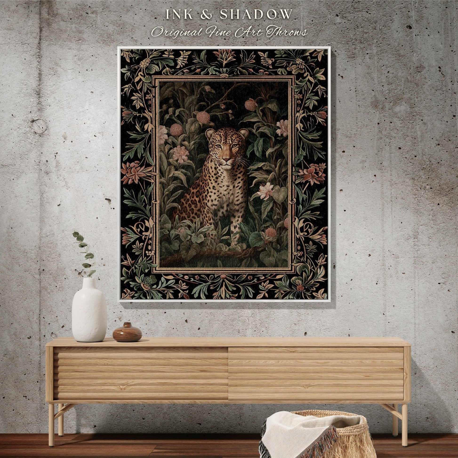 Leopard Tapestry Dark Floral | Nature Inspired Room Decor Morris Aesthetic Fairycore Boho Bedroom Throw Blanket Jungle Cheetah Nursery Decor