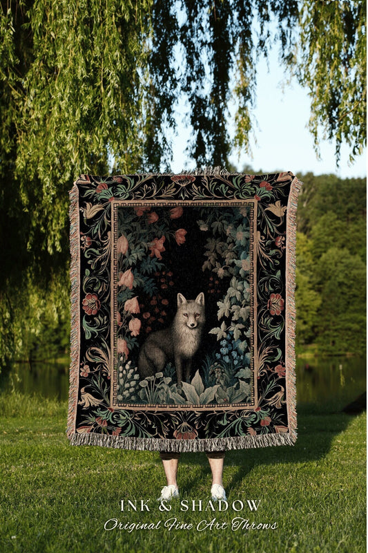 Grey Fox Mystic Bedroom Throw | Cottagegoth Room Decor Morris Inspired Forest Aesthetic Fairycore Gothic Dorm Tapestry Ethereal Blanket |