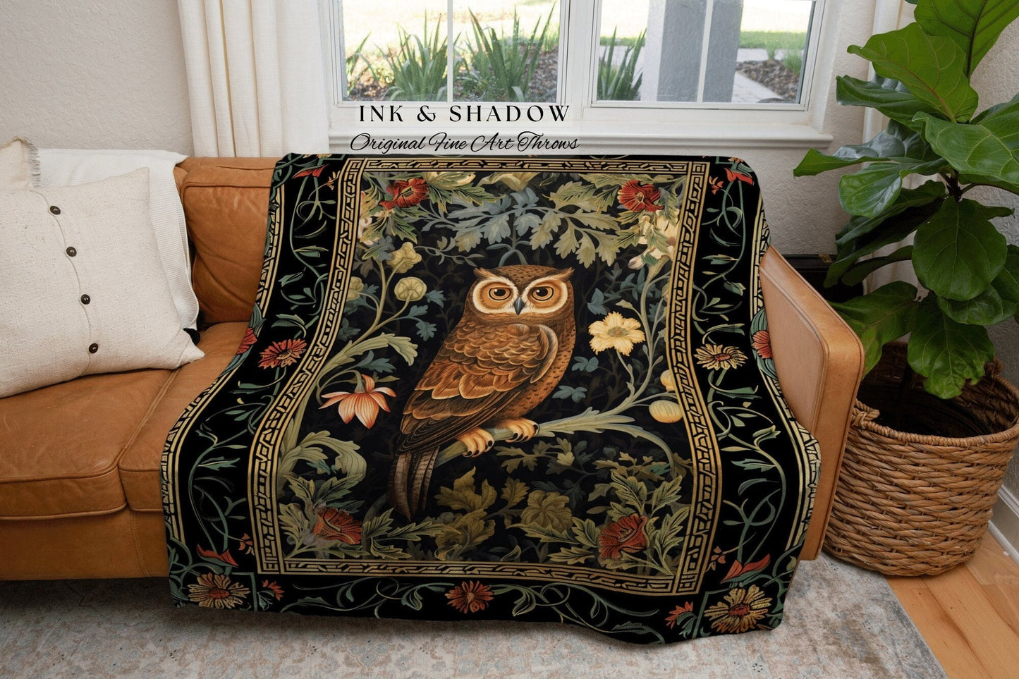 Whimsical Book Nook Owl Blanket | Woodland Room Decor Morris Inspired Forest Aesthetic Fairycore Boho Woven Tapestry Floral Owl Decoration