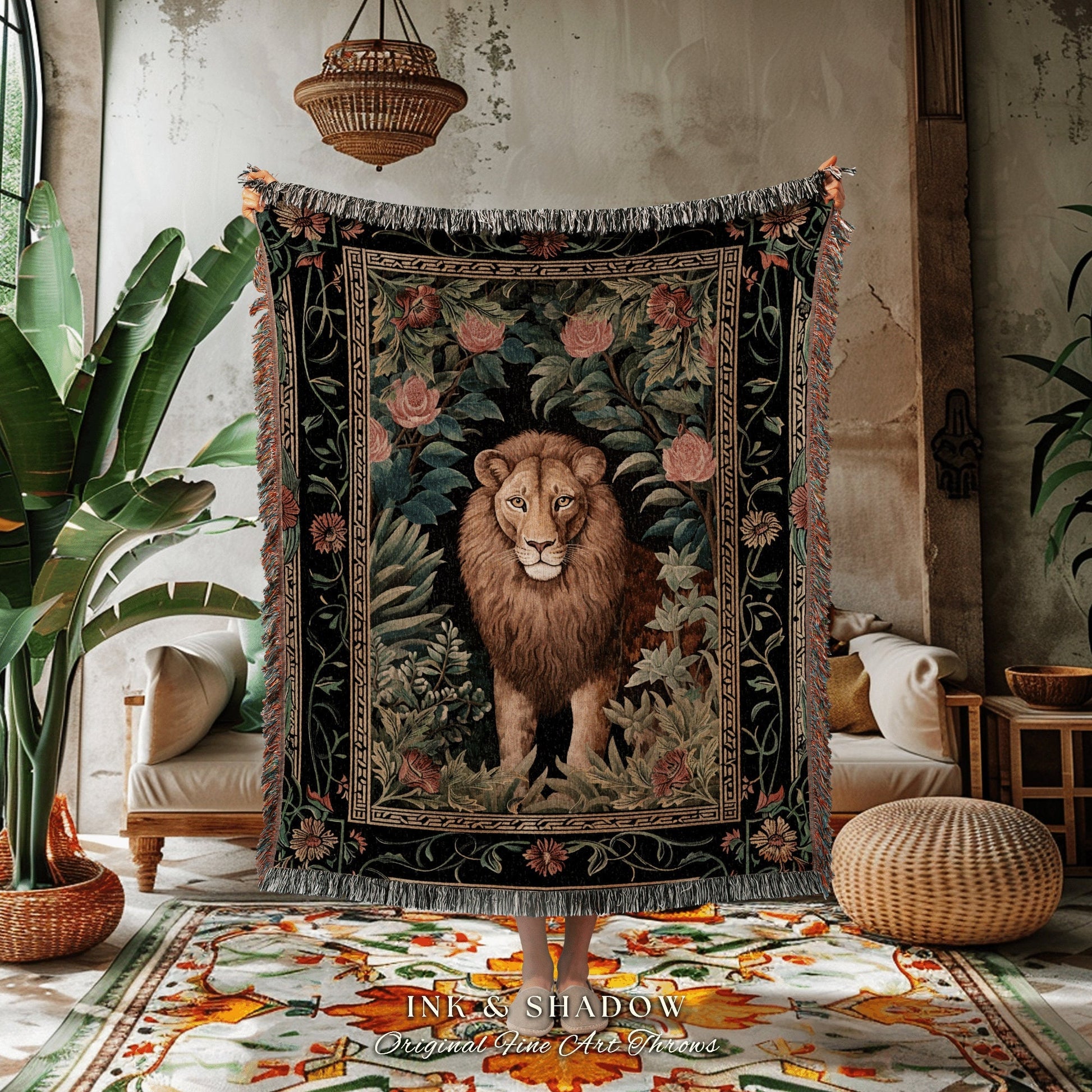 Mystic Jungle Lion Blanket | Rainforest Themed Decor William Morris Style Aesthetic Fairycore Boho Woven Tapestry Jungle Floral Botanical