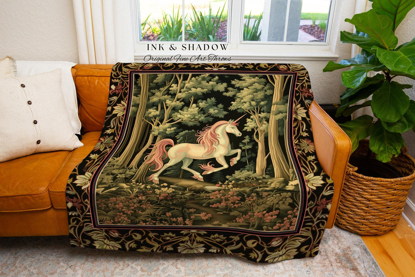 Medieval Unicorn Tapestry Blanket Dark Woodland Aesthetic | Enchanted Forest Decor Whimsical Cottagecore Fantasy Art Mystic Forestcore Throw