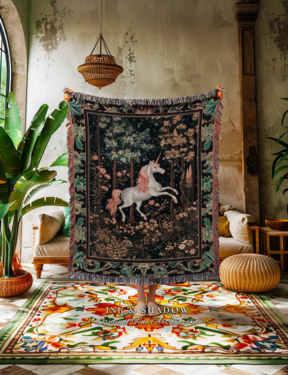 Mystical Woodland Unicorn Woven Throw Whimsical Fairycore Decor | Romantic Baroque Aesthetic Enchanted Forest Renaissance Tapestry Blanket