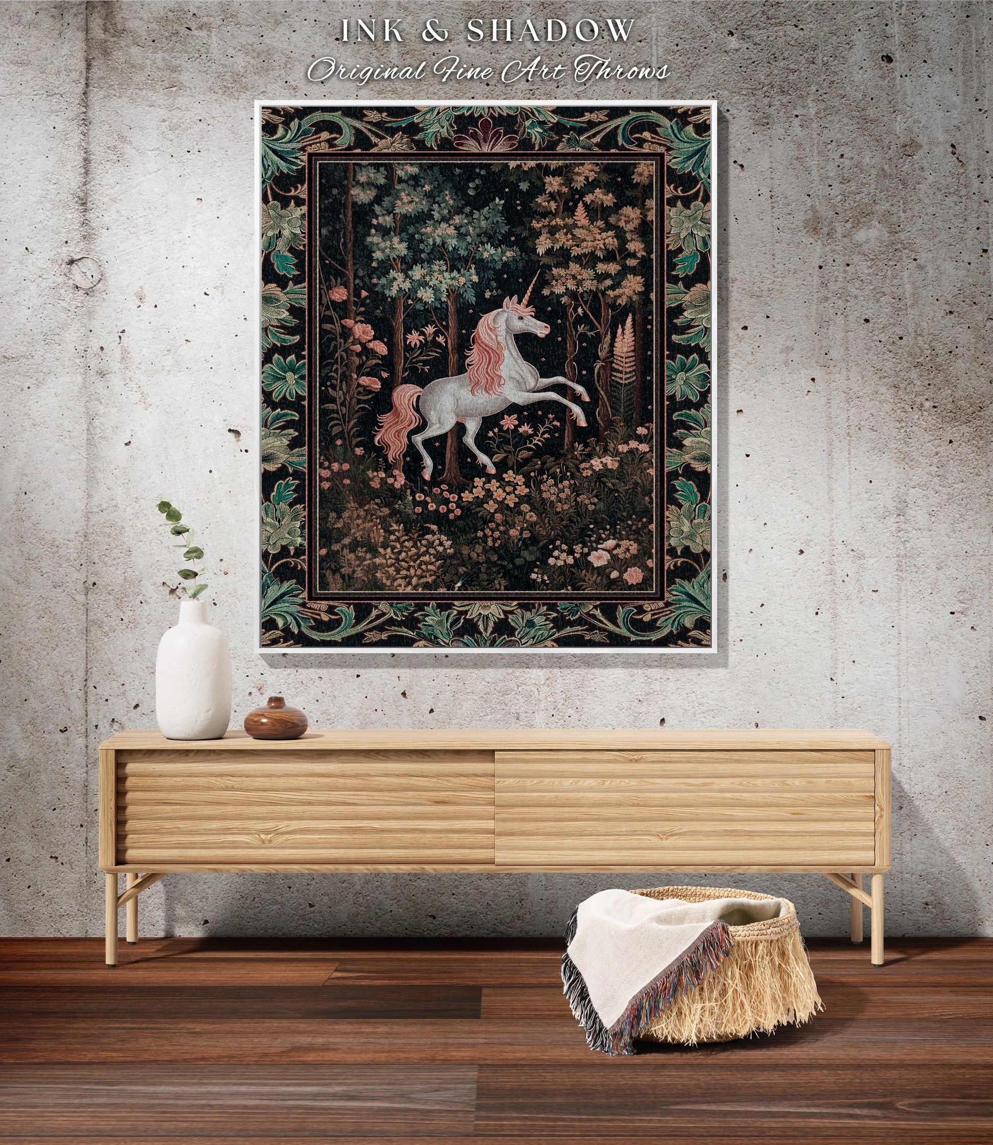 Mystical Woodland Unicorn Woven Throw Whimsical Fairycore Decor | Romantic Baroque Aesthetic Enchanted Forest Renaissance Tapestry Blanket