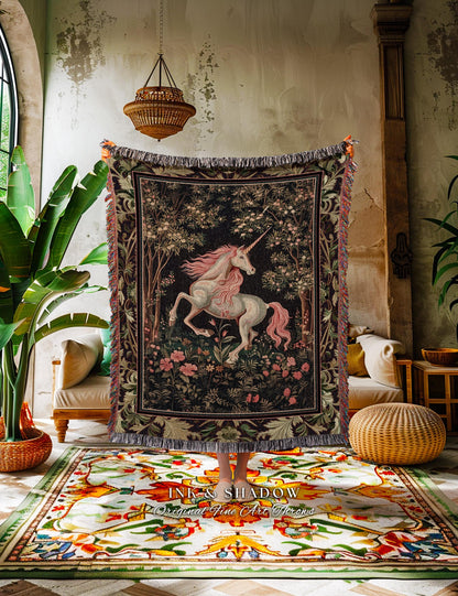 Whimsical Enchanted Unicorn Blanket Victorian Gothic Tapestry Blanket | Dark Cottagecore Throw Renaissance Folklore Baroque Aesthetic Decor