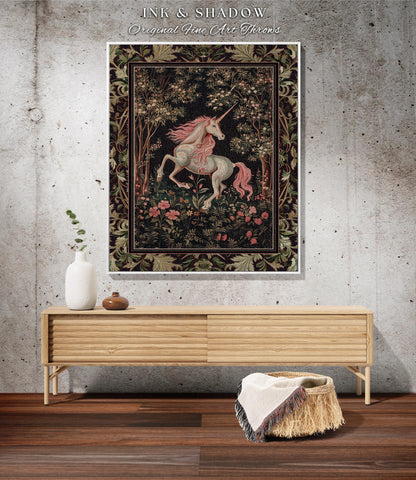 Whimsical Enchanted Unicorn Blanket Victorian Gothic Tapestry Blanket | Dark Cottagecore Throw Renaissance Folklore Baroque Aesthetic Decor