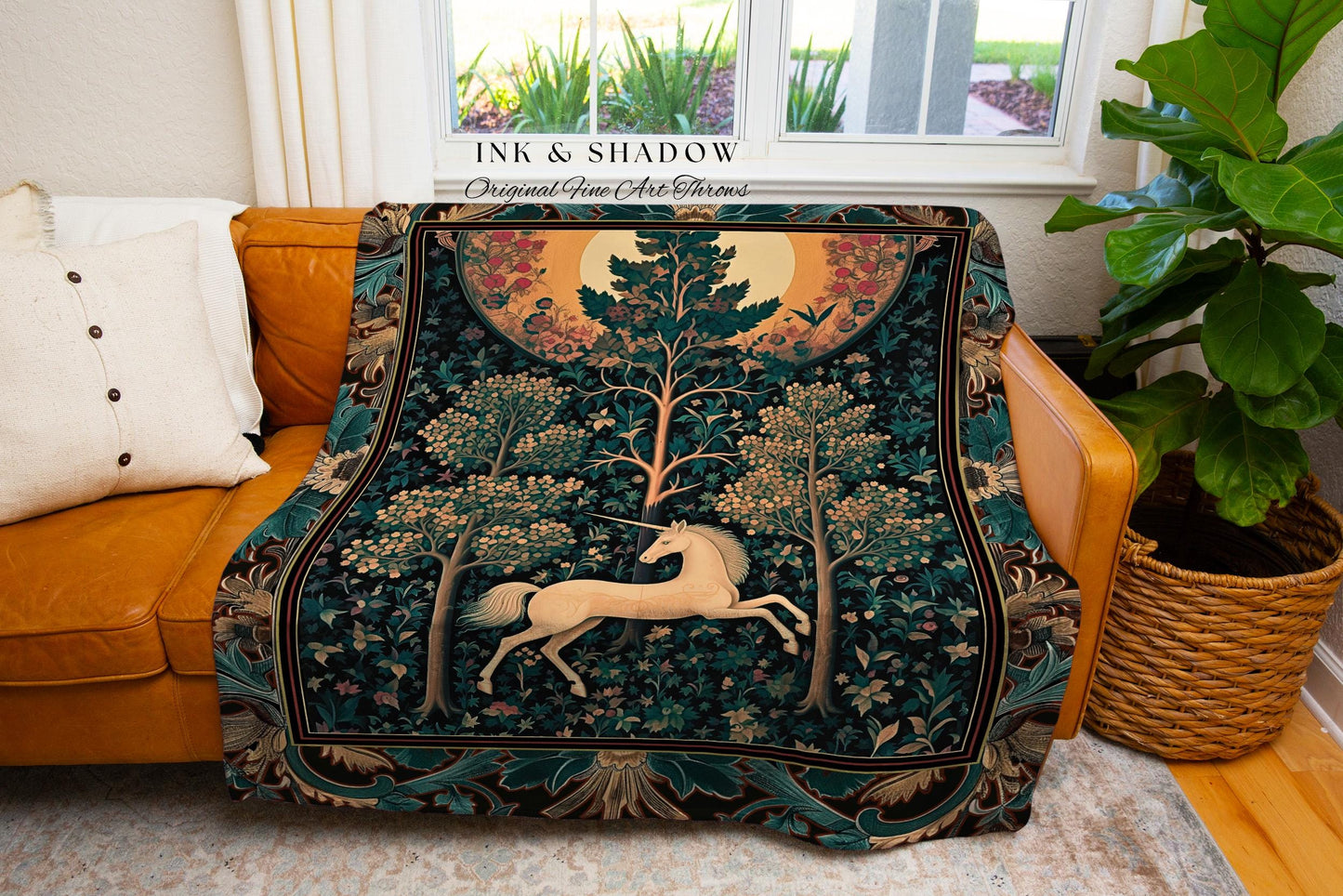 Moonlit Forest Mystical Unicorn Tapestry Blanket Medieval Fairycore Decor | Renaissance Whimsical Gothic Aesthetic Woven Throw Forestcore