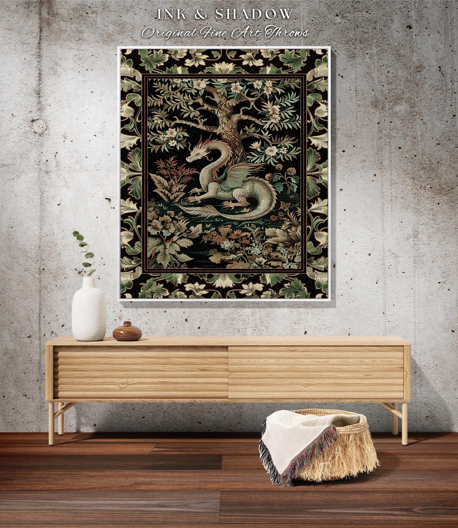 Mystical Fantasy Dragon Rug Runner Enchanting Dark Nature | Ancient Aesthetic Chinese Dragon Art Decor Ethereal Dragon Decoration Forestcore