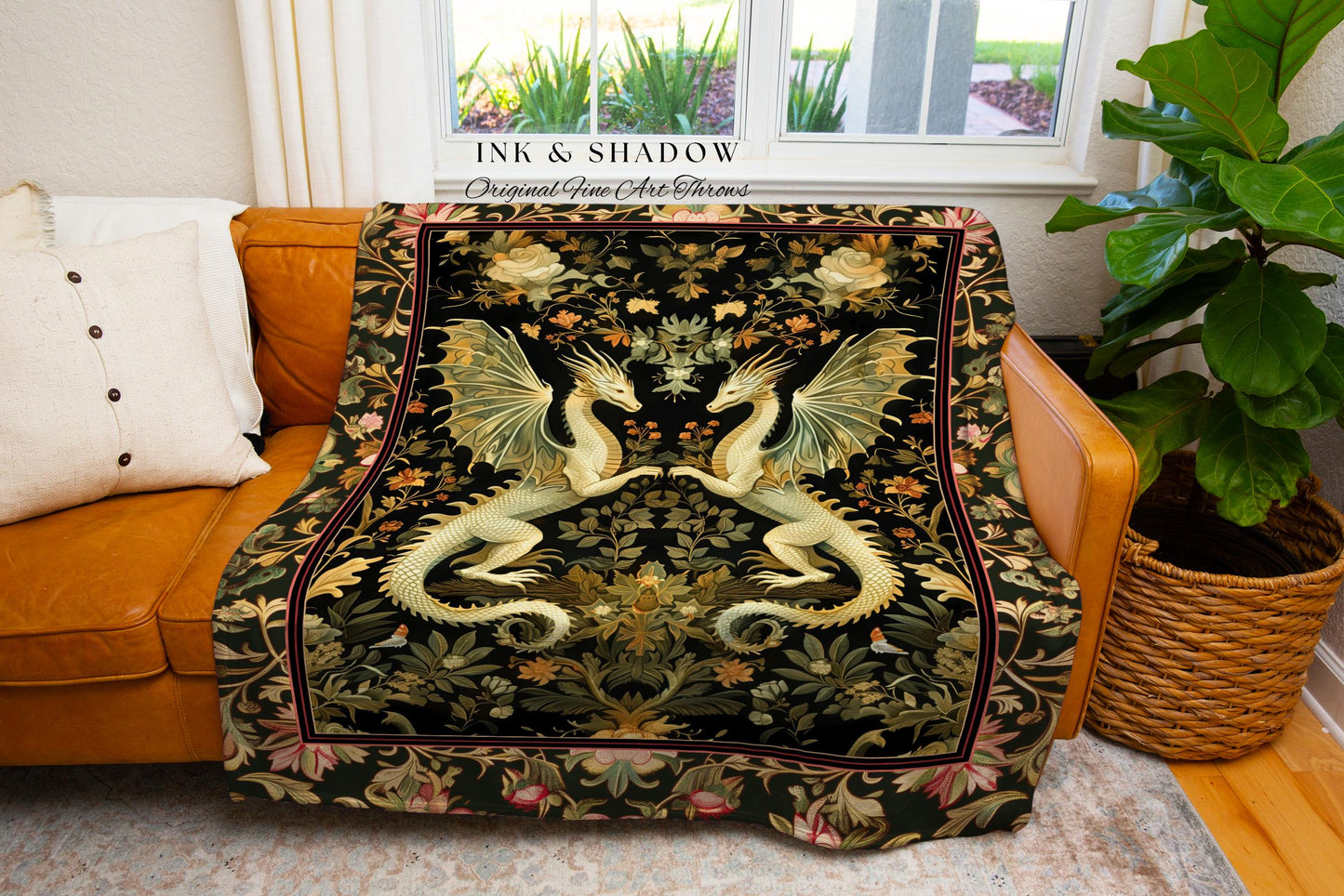 Ornate Antique Gold Folklore Aesthetic Baroque Dragon Tapestry Throw | Enchanting Art Deco Gothic Blanket Maximalist Fantasy Mystic Decor