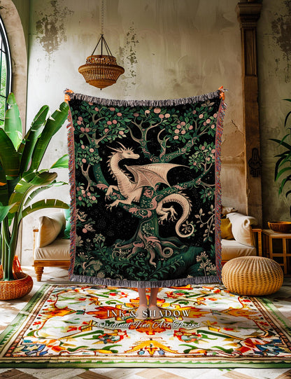 Enchanted Forest Dragon Tapestry Blanket Dark Woodland Gothic Decor | Mystical Cottagecore Aesthetic Vintage Medieval Charm Renaissance Art