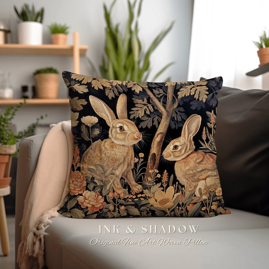 Rustic Woodland Accent Pillow | Couch Cushion William Morris Throw Bunny Decor Rustic Spring Botanical Rabbit Fairycore Bookish Gift