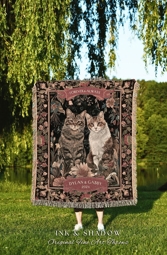 Victorian Gothic Cat Couple Blanket Floral Cottagecore Woven Throw Custom Girlfriend Gift for Cat Lover Personalized Dark Academia Tapestry